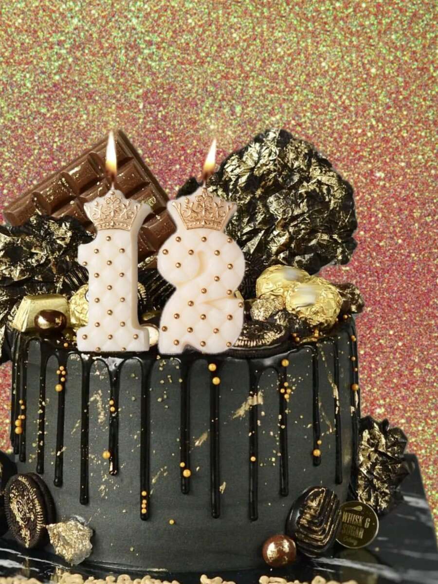1 pieza Velas de decoración para pastel de cumpleaños con forma de corona de diamante de malla blanca/negra de 0-9 - Negro - Ver 1