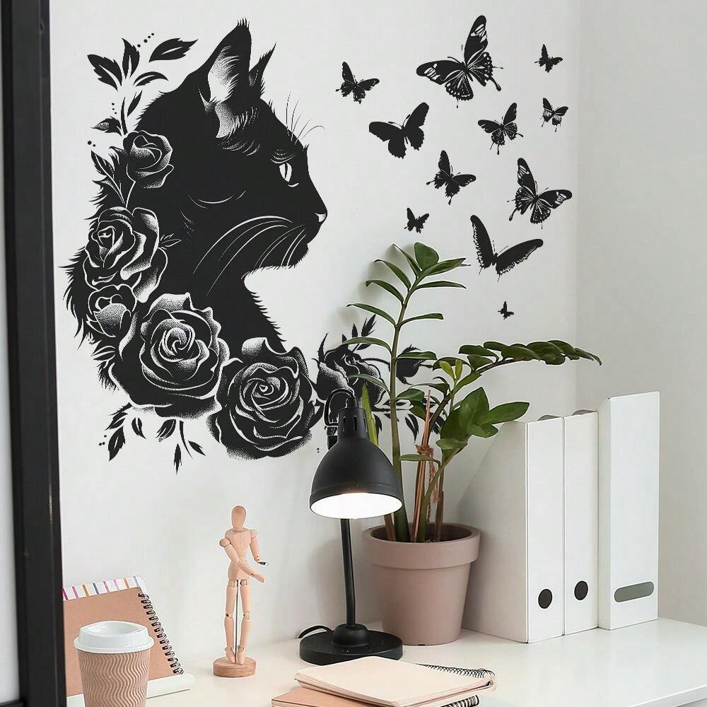 1PC Black Cat Wall Decals Peel And Stick Butterfly Rose Wall Sticker
