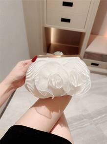 Moonlit EveBag O geantă elegantă cu flori plisate, geantă de nuntă albă romantică, geantă de mână pentru petrecere formală, geantă de seară cu curea cu lanț