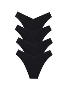 4 piezas Conjunto de bragas sin costuras e invisibles con forma de V para mujeres, de talle bajo - Negro - Ver 8