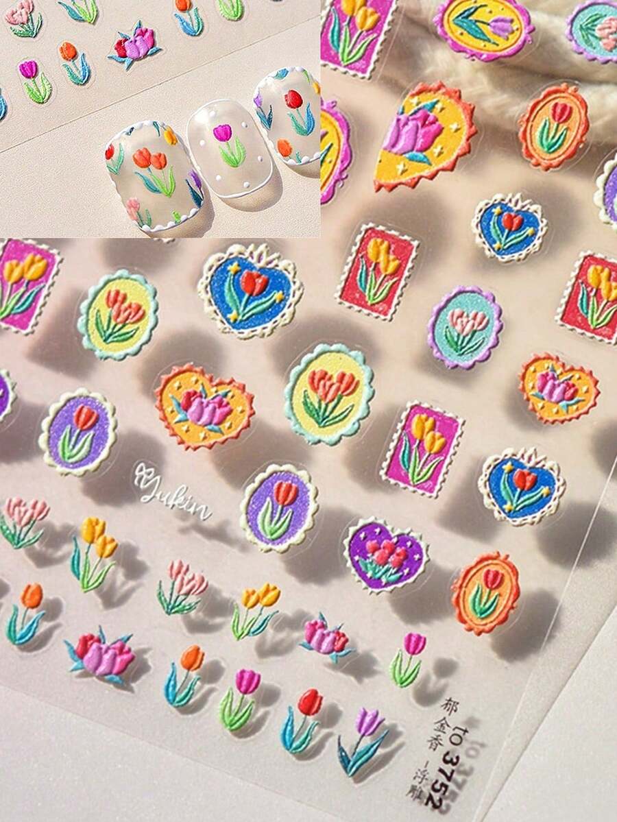 1pc 5D Nail Art Sticker Beauty Decald Flower Colorful Tulip Flower Style Self Adhesive DIY Decorations - Multicolor - View 1