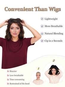 20-Inch Wavy Clip-In Hair Extensions For Women, Suitable For Thinning Hair, Synthetic Hair Topper With Bangs To Add Volume - Dark Brown - View 9