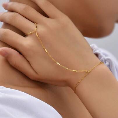 Summer Beach Style Chain Ring Bracelet, Vintage Thin Women Chain Connected To Finger Ring