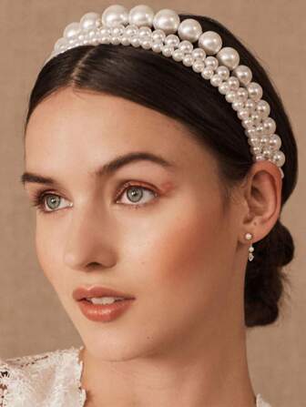 3 piezas Tiara de corona vintage con perlas grandes de estilo bohemio, aro para el cabello con perlas de marfil sintéticas para boda, baile de graduación, fiesta, joyería para el cabello para mujeres, diadema, accesorios para el cabello