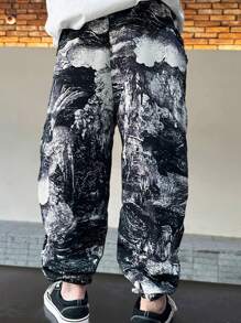Ween Boy Ink Painting Children's Loose Cuffed Sweatpants, Lightweight Smooth Casual Long Pants, Suitable For Outdoor And School Versatile Wear 8-14 Years Old - Black - View 5