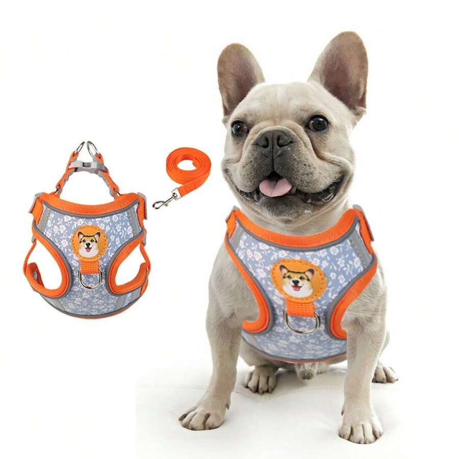 狗狗胸背帶及牽繩套裝，抗拉力安全背心，行走更舒適，減少拉力，反光寵物胸背帶 - 橘色 - 查看 1