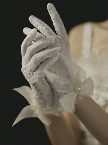 1pc Luxurious Bridal Wedding Gloves, Crop Style Mesh Gloves, Pearl & Bowknot Decor, Lace Bridesmaid Dress Accessories, For Wedding Party & Photography, Elegant Romantic Women Lace Gloves, Ivory Valentine's Day Valentines Autumn Accessories