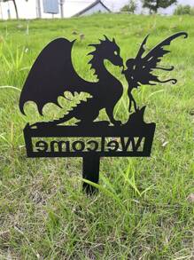 Un poste de bienvenida de metal de 30cm de largo con siluetas de ángeles, elfos y dragones occidentales de hierro en negro para la decoración exterior del césped, jardín y patio - Negro - Ver 5