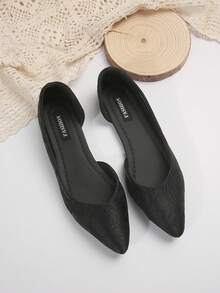 跨境大码低帮平底鞋，侧镂空尖头纯色缎面花卉休闲女鞋，春秋时尚软底印花低跟鞋 - 黑色 - 查看 2