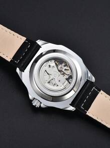 LONGLUX 1pc Men's Hollow Automatic Mechanical Waterproof Leather Band Casual Watch
