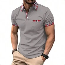 Men's Slim Fit Elastic Polo-Type T-Shirt With Checkered Pocket - Grey - View 1
