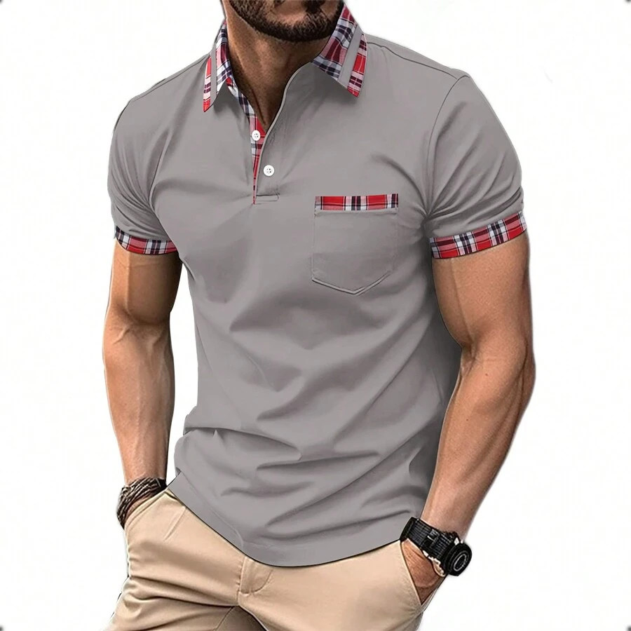 Men's Slim Fit Elastic Polo-Type T-Shirt With Checkered Pocket - Grey - View 1