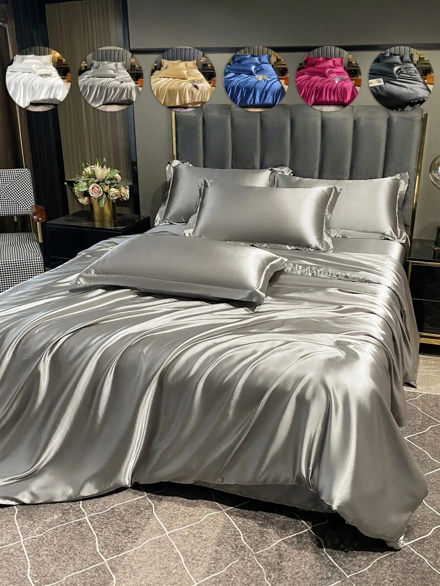 2/3pcs Luxury Solid Satin Duvet Cover Set, Bedding Set, Lightweight, Silky Soft, Breathable, Perfectly Fits Twin/Full/Queen Size Bed - Ideal For Bedroom, Guest Room, Dorm, Machine Washable, All Season, 1 Duvet Cover + 1/2 Pillow Shams, Home Textile, Room Decor - Grey - View 1