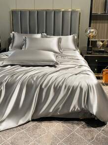 2/3pcs Luxury Solid Satin Duvet Cover Set, Bedding Set, Lightweight, Silky Soft, Breathable, Perfectly Fits Twin/Full/Queen Size Bed - Ideal For Bedroom, Guest Room, Dorm, Machine Washable, All Season, 1 Duvet Cover + 1/2 Pillow Shams, Home Textile, Room Decor - Grey - View 6