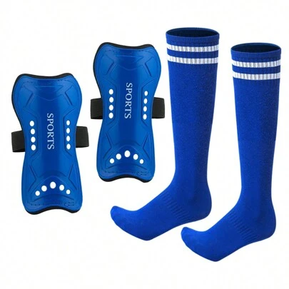 1套足球襪，附有膝上護脛板和固定帶，適用於訓練和比賽