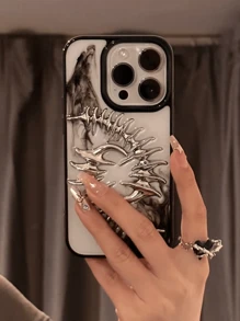 1件 INS 3D 金屬魚骨透明手機殼，適用於 iPhone 17 Air 16 15 13 14 12 11 Pro Max，龐克時尚相機保護軟矽膠背蓋，防水防震防摔防刮 - 雙魚骨 - 查看 3