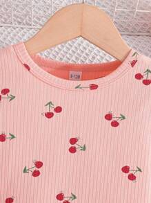 2入組嬰兒女童甜美休閒櫻桃圖案印花短袖T恤與短褲套裝，夏季新品
