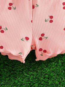 2入組嬰兒女童甜美休閒櫻桃圖案印花短袖T恤與短褲套裝，夏季新品