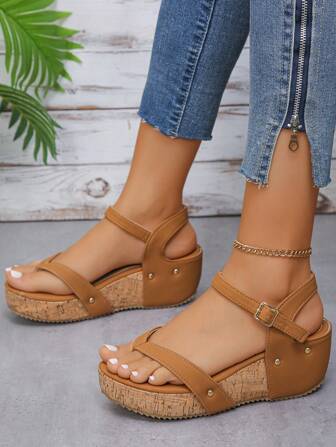 1pair Women Thick Waterproof Platform Wedge Heel Flip-Flops, Ankle Strap Buckle Sandals, Holiday Style