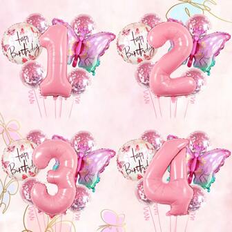7pcs/Set Colorful Butterfly Balloon Set, Including Butterfly Shaped, Number Shaped, Happy Birthday Shaped Balloons, For Butterfly Themed Birthday Party Decorations And Photo Props, Anniversary And Celebration Supplies, Indoor And Themed Events