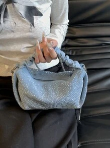 Glamorous Fashionable Solid Color Metal Chain With Rhinestone Decor Ruched Bag Perfect For Party, Wedding, Prom, Dinner/Banquet, Matching With Wedding Dress,Formal Dresses, Prom Dress, Birthday Dress ,Suitable For Festivals/Vacation/Holiday/ Outings/Travel/Stadium,For Women, Girl, College Students