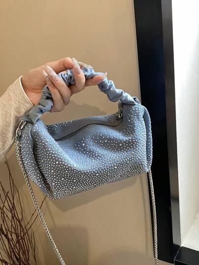 Glamorous Fashionable Solid Color Metal Chain  With Rhinestone Decor  Ruched Bag Perfect For Party, Wedding, Prom, Dinner/Banquet, Matching With Wedding Dress,Formal Dresses, Prom Dress, Birthday Dress ,Suitable For  Festivals/Vacation/Holiday/ Outings/Travel/Stadium,For Women, Girl, College Students