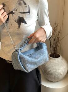 Glamorous Fashionable Solid Color Metal Chain With Rhinestone Decor Ruched Bag Perfect For Party, Wedding, Prom, Dinner/Banquet, Matching With Wedding Dress,Formal Dresses, Prom Dress, Birthday Dress ,Suitable For Festivals/Vacation/Holiday/ Outings/Travel/Stadium,For Women, Girl, College Students