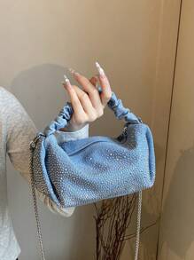 Glamorous Fashionable Solid Color Metal Chain With Rhinestone Decor Ruched Bag Perfect For Party, Wedding, Prom, Dinner/Banquet, Matching With Wedding Dress,Formal Dresses, Prom Dress, Birthday Dress ,Suitable For Festivals/Vacation/Holiday/ Outings/Travel/Stadium,For Women, Girl, College Students