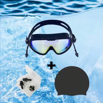 4pcs/Set Swimming Equipment Including Goggles, Swimming Cap, Nose Clip And Earplugs, HD Large-Frame Anti-UV Anti-Fog Silicone Goggles And Swimming Cap, Unisex Professional Set