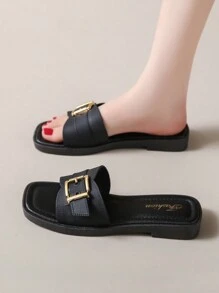Women's Black Sandals, Fashion Minimalist Design With Buckle, Lightweight Soft Sole, Comfortable Anti-Slip, Breathable, Open Toe, Casual Outdoor And Indoor Wear, Elegant Ladies Flat Sandals, New Arrivals