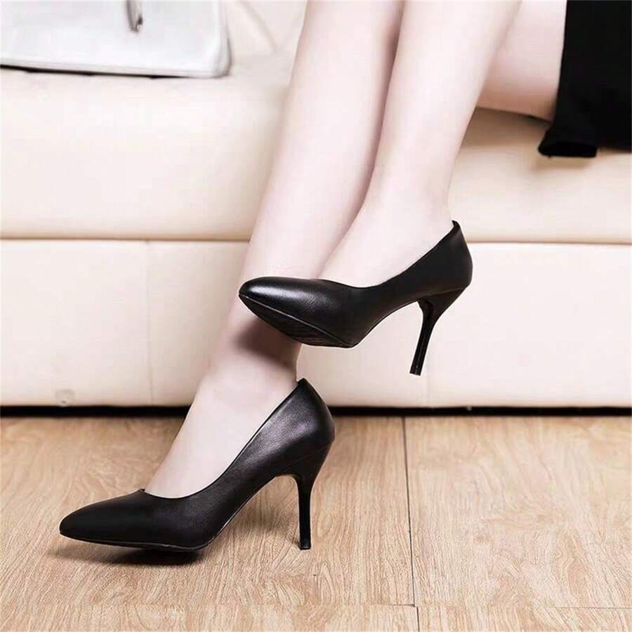 Women Classic Black Soft Leather & Comfortable High-Heeled Shoes For ...