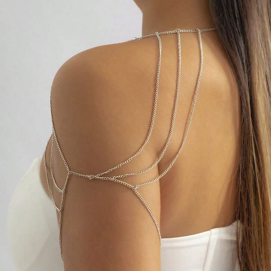 1 Set Geometric Pendant Necklace, Personalized Exaggerated Tassel Shoulder Strap Necklace Body Chain - Silver - View 1