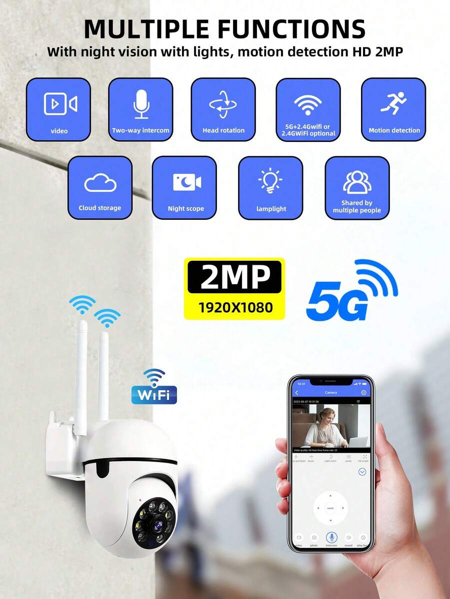 Câmara CCTV 2MP HD 1080p Suporte NVR ICSEE PTZ, Exterior, à Prova D Agua Wifi
