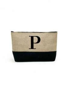 1PC Initials Printed Patchwork Women's Handbag, Makeup Bag, Teacher's Day Gift, Reusable Handbag, Women's Simple And Large Capacity Travel Makeup Bag, Multi-Functional Portable Women's Gift, Portable Leisure Storage Bag