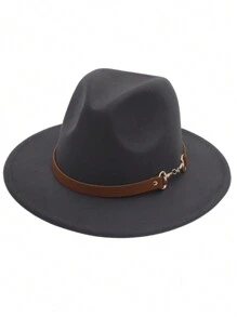 1pc Denim Fedora Hat, Classic Black Wool Felt Vintage Jazz Cap, Adjustable Small Leather Belt Buckle Unisex English Retro Wool Felt Hat, Western Fashion Autumn/Winter Panama Cowboy Felt Hat, Simple Metal Ring Leather Belt Brim Fedora Hat, Versatile Style For Men & Women