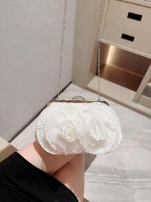 Moonlit EveBag O geantă elegantă cu flori plisate, geantă de nuntă albă romantică, geantă de mână pentru petrecere formală, geantă de seară cu curea cu lanț