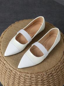 女士尖头低帮平底鞋，银色，半腰带设计，休闲百搭，复古风格 - 白色 - 查看 1