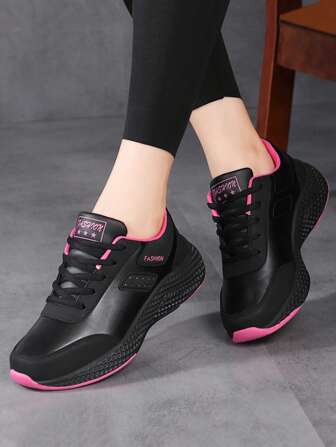 女士休闲运动鞋，新款皮革面料舒适跑步鞋，低帮系带防水黑色运动鞋，适合春秋季