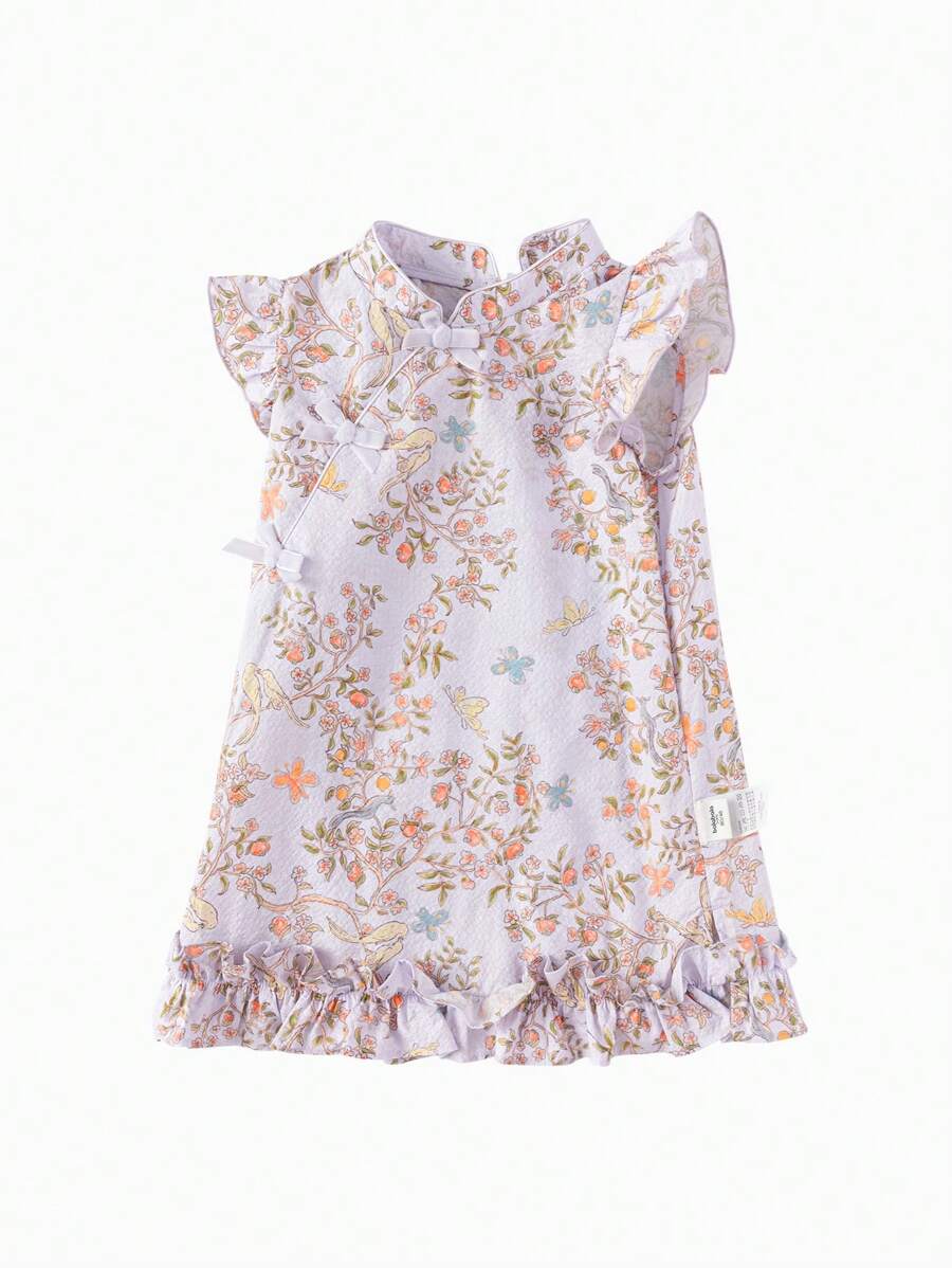 Balabala Baby Girl Chinese Style Floral Print Ruffle Sleeve Qipao Dress, Spring/Summer