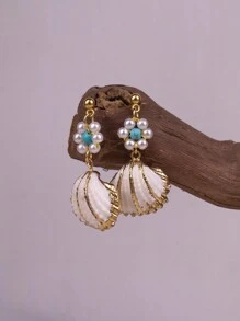 1 pieza de aretes artesanales de perla de concha natural con cuentas de turquesa, aretes de moda con estilo de vacaciones en la playa para mujeres - Un par de flores turquesas + conchas. - Ver 6