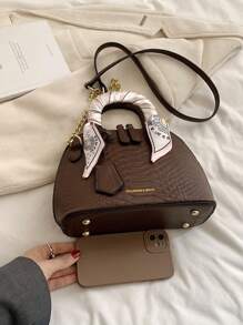 BELLEBORG Crocodile Printed Handbag With Scarf - Coffee Brown - View 6