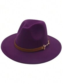 1pc Denim Fedora Hat, Classic Black Wool Felt Vintage Jazz Cap, Adjustable Small Leather Belt Buckle Unisex English Retro Wool Felt Hat, Western Fashion Autumn/Winter Panama Cowboy Felt Hat, Simple Metal Ring Leather Belt Brim Fedora Hat, Versatile Style For Men & Women