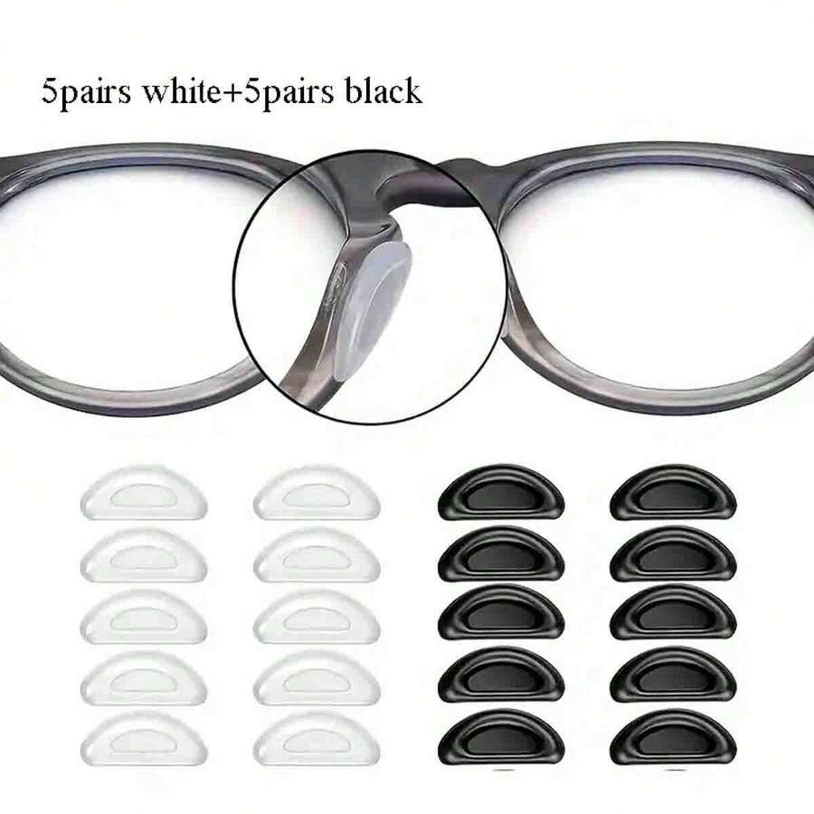 10 Pairs Of Eyes Silicone Soft Nose Pads, Adhesive Silicone Anti-Drop Nose Rests, Glasses Sunglasses Transparent & Black Nose Rests - Black and White - View 1