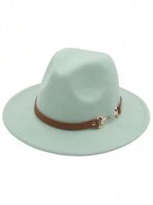 1pc Denim Fedora Hat, Classic Black Wool Felt Vintage Jazz Cap, Adjustable Small Leather Belt Buckle Unisex English Retro Wool Felt Hat, Western Fashion Autumn/Winter Panama Cowboy Felt Hat, Simple Metal Ring Leather Belt Brim Fedora Hat, Versatile Style For Men & Women