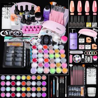LIMEGIRL Kit profesional de arte de uñas acrílicas - Polvo acrílico, esmalte de gel, base, top coat, lámpara UV/LED, puntas de uñas, decoraciones y herramientas - Ideal para principiantes en el arte de uñas DIY, gran regalo para mujeres