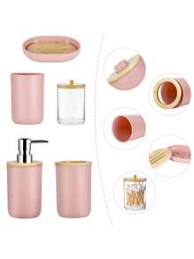 5 pièces/set Simple set de salle de bain rose avec distributeur de savon liquide et lotion, gobelet de rinçage, porte-brosse à dents et porte-savon. Décoration de salle de bain, décoration d'automne, retour à l'école