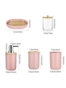 5 pièces/set Simple set de salle de bain rose avec distributeur de savon liquide et lotion, gobelet de rinçage, porte-brosse à dents et porte-savon. Décoration de salle de bain, décoration d'automne, retour à l'école