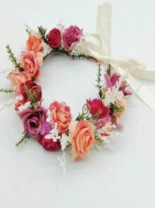 1 pieza Diadema de corona floral para mujer con rosas secas y artificiales, perfecta para fotografía de boda, accesorios rosas, tiara, guirnalda de cabello, corona de disfraz, flor, novia - Rosa - Ver 3