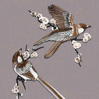 1pair Brown Magpies & Flower Shaped Fabric Patches For DIY Decoration