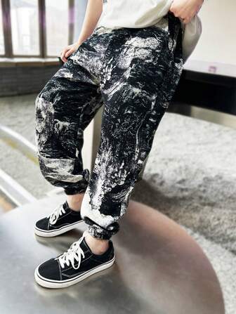 Ween Boy Ink Painting Children Jogger Pants, Lightweight Smooth Casual Trousers, Suitable For Outdoor And School Wear, For Children Aged 8-14